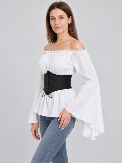 White Blouse with Black Corset Belt in Pirate Style