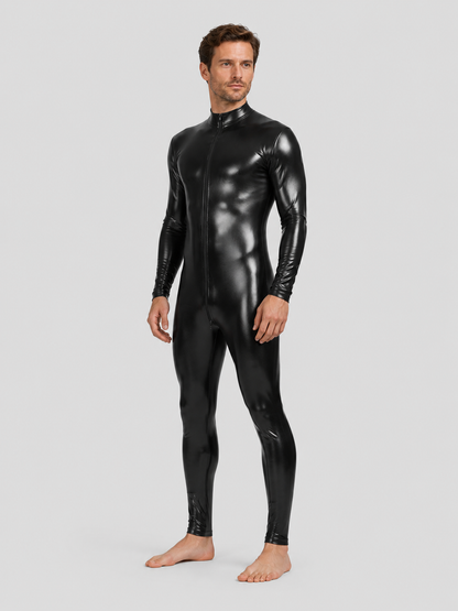 Black Glossy Form-Fitting Jumpsuit with Zipper for Stage side view