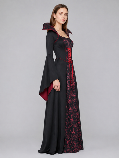 Floor-Length Gothic Dress with Red Pattern side view