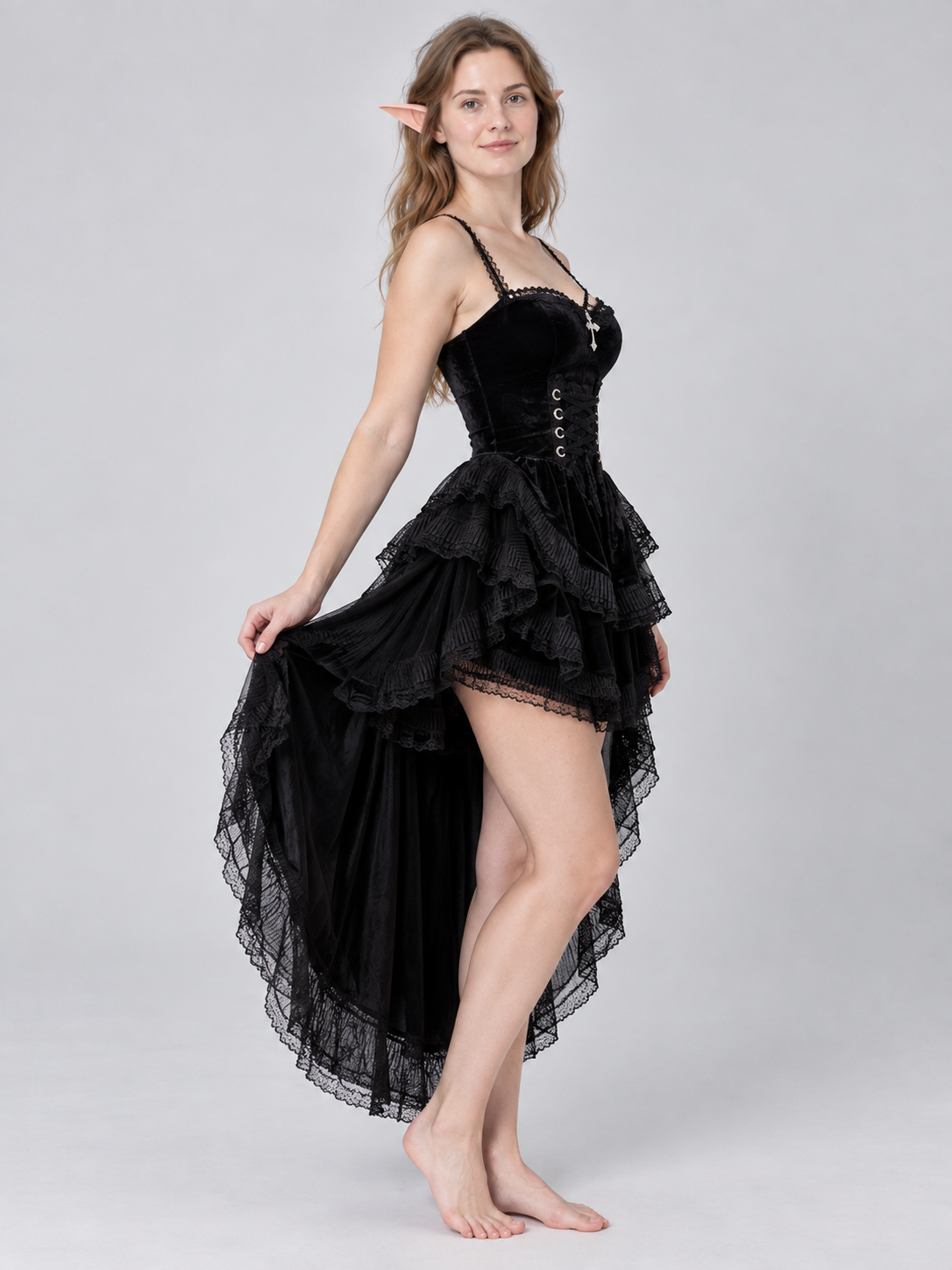 Gothic Black Carnival Costume with Elf Ears