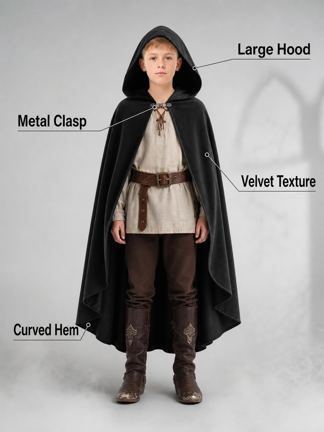 Black hooded medieval costume cloak product view 51