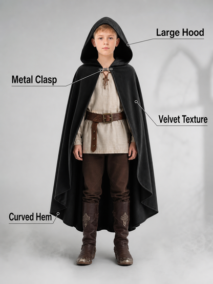 Black hooded medieval costume cloak product view 51