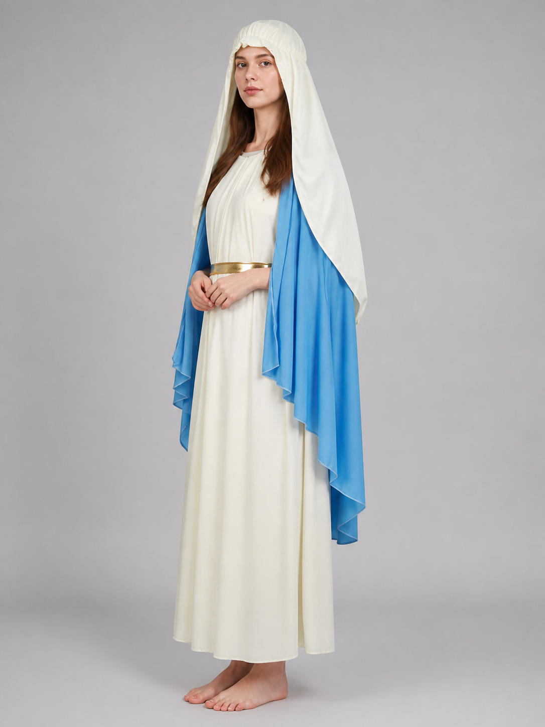 Back view of a white robe with a wide blue cape and long white head covering extending down the model's back