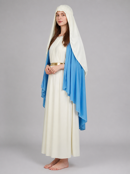 Back view of a white robe with a wide blue cape and long white head covering extending down the model's back