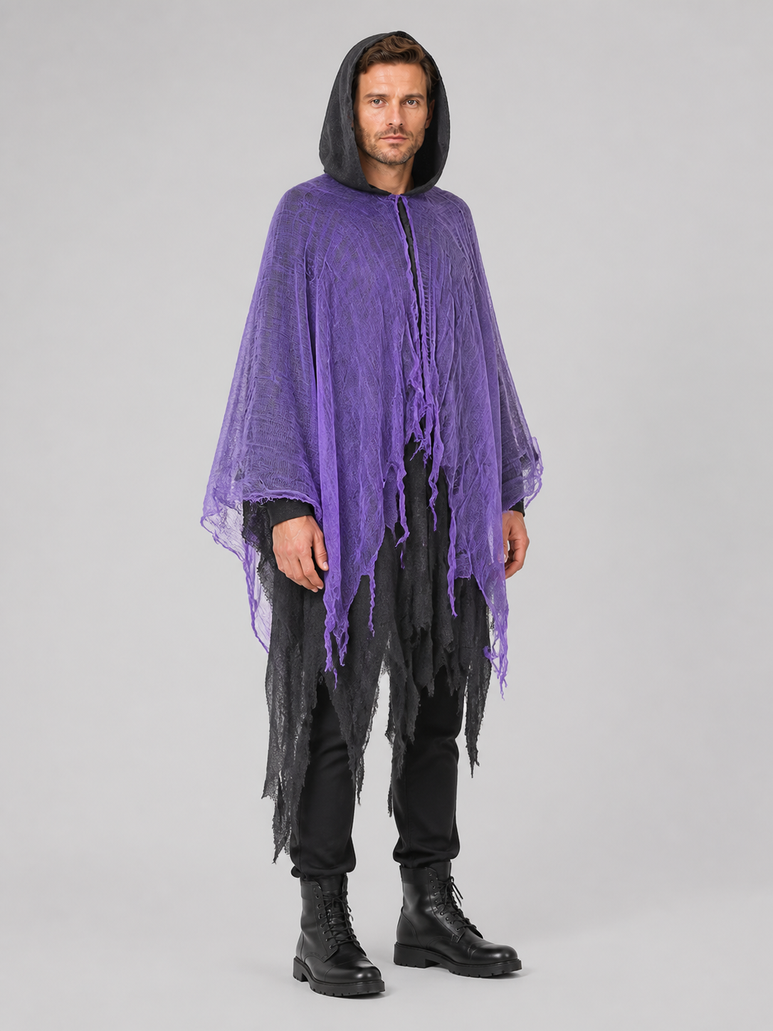 Purple Hooded Cloak with Tattered Hem for Halloween side view