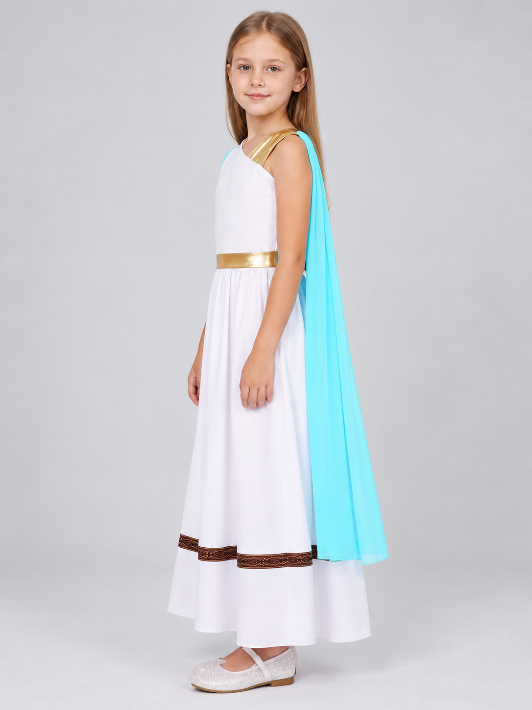 Floor-Length Dress with Turquoise Cape and Asymmetrical Top