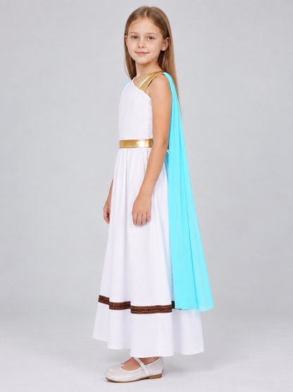 Floor-Length Dress with Turquoise Cape and Asymmetrical Top