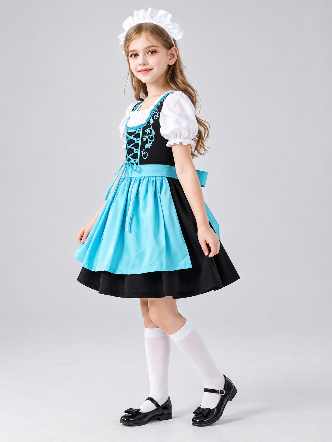 Kids' Dirndl Costume with Blue Apron and Headpiece