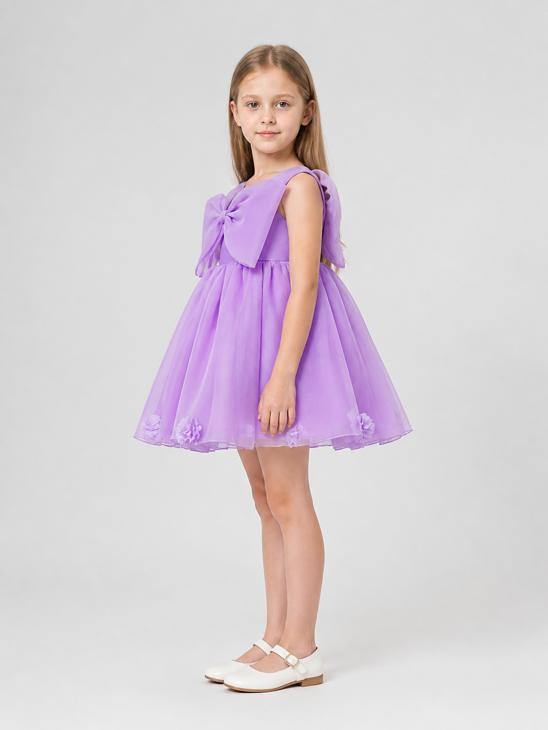 Full-skirted dress with bow and flowers, purple side view