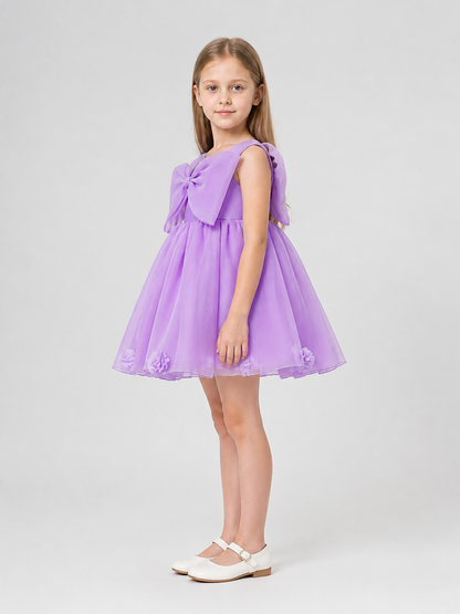 Full-skirted dress with bow and flowers, purple side view
