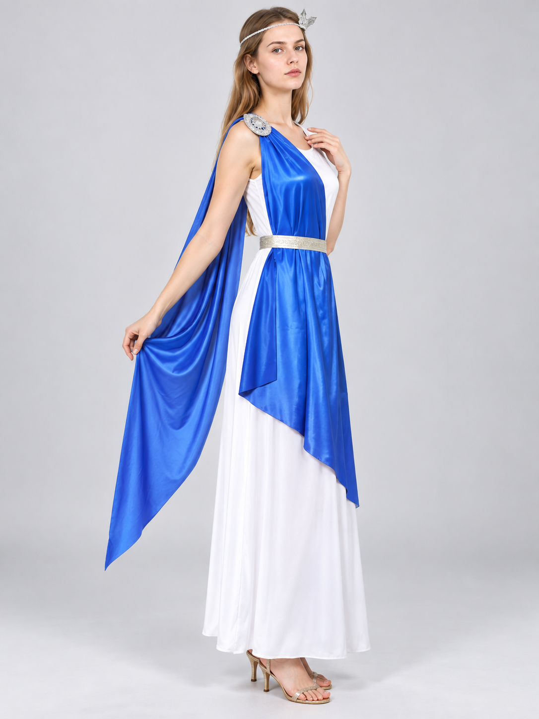 Ancient-themed carnival costume dress with blue draping side view
