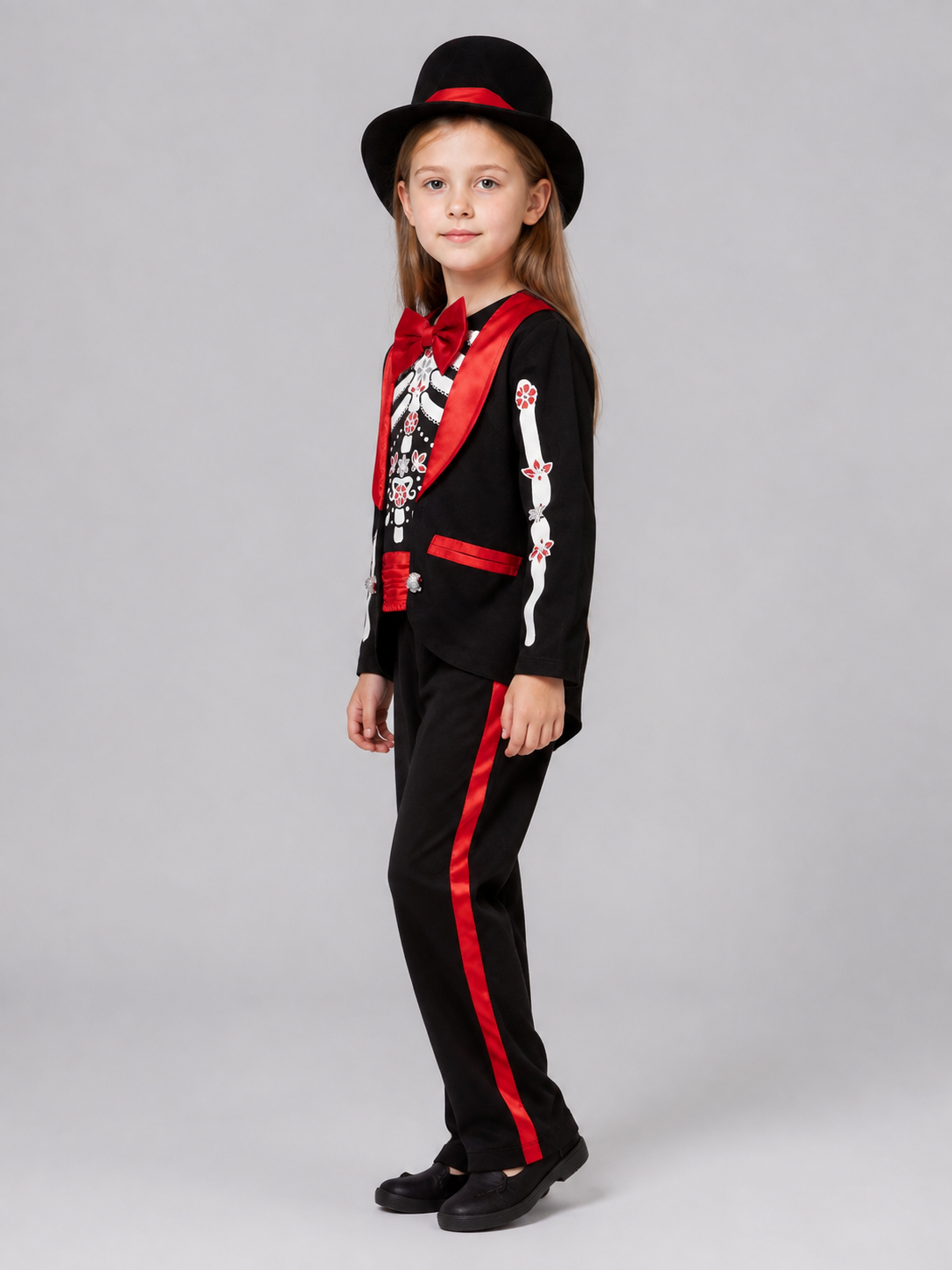 Skeleton Costume with Top Hat and Bow Tie side view