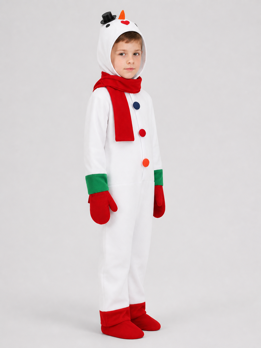 Snowman Costume: Jumpsuit with Scarf and Mittens side view