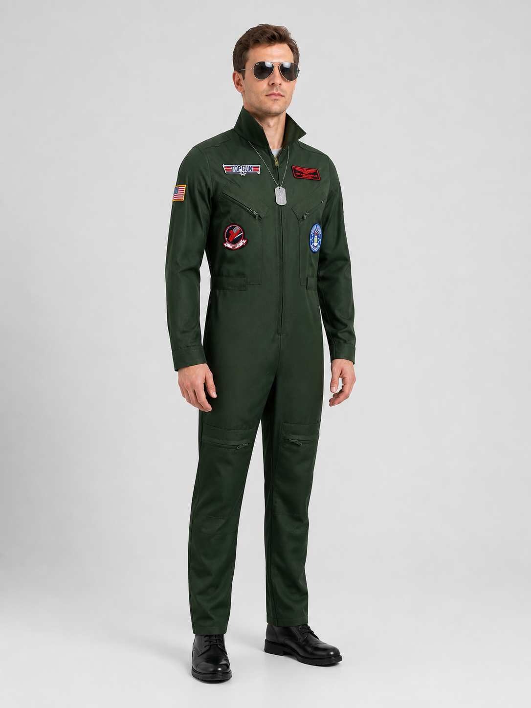 Top Gun Pilot Cosplay Jumpsuit, Khaki, Glasses and Chain side view
