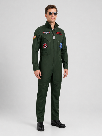 Top Gun Pilot Cosplay Jumpsuit, Khaki, Glasses and Chain side view