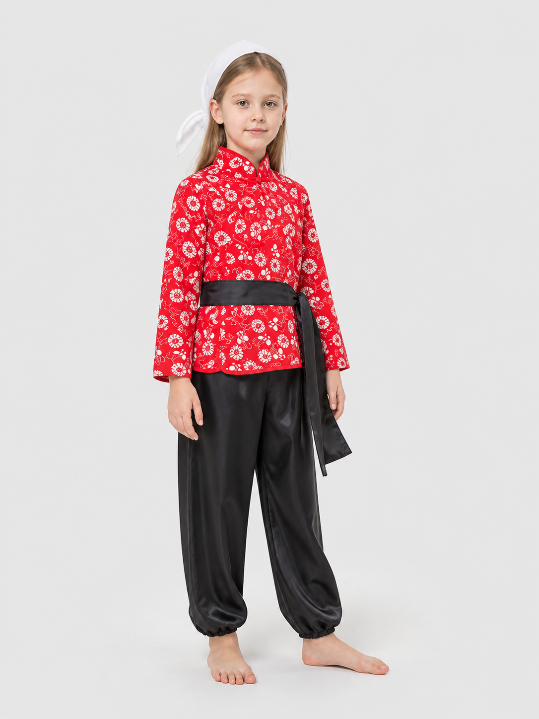 Theater Role Costume: Red Top and Black Pants side view