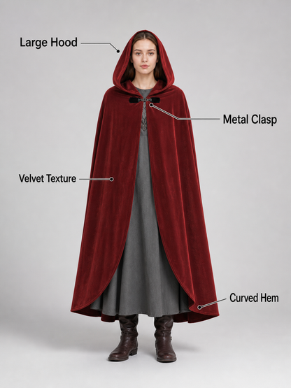 Medieval Hooded Cape with Oversized Hood, Burgundy Velvet-Like Flowing Cloak for Cosplay, Halloween, Themed Parties and Stage Performances