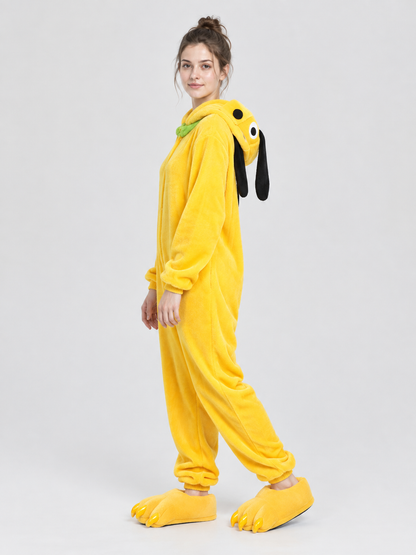 Yellow Flannel Hooded Pajama Jumpsuit with Character Face