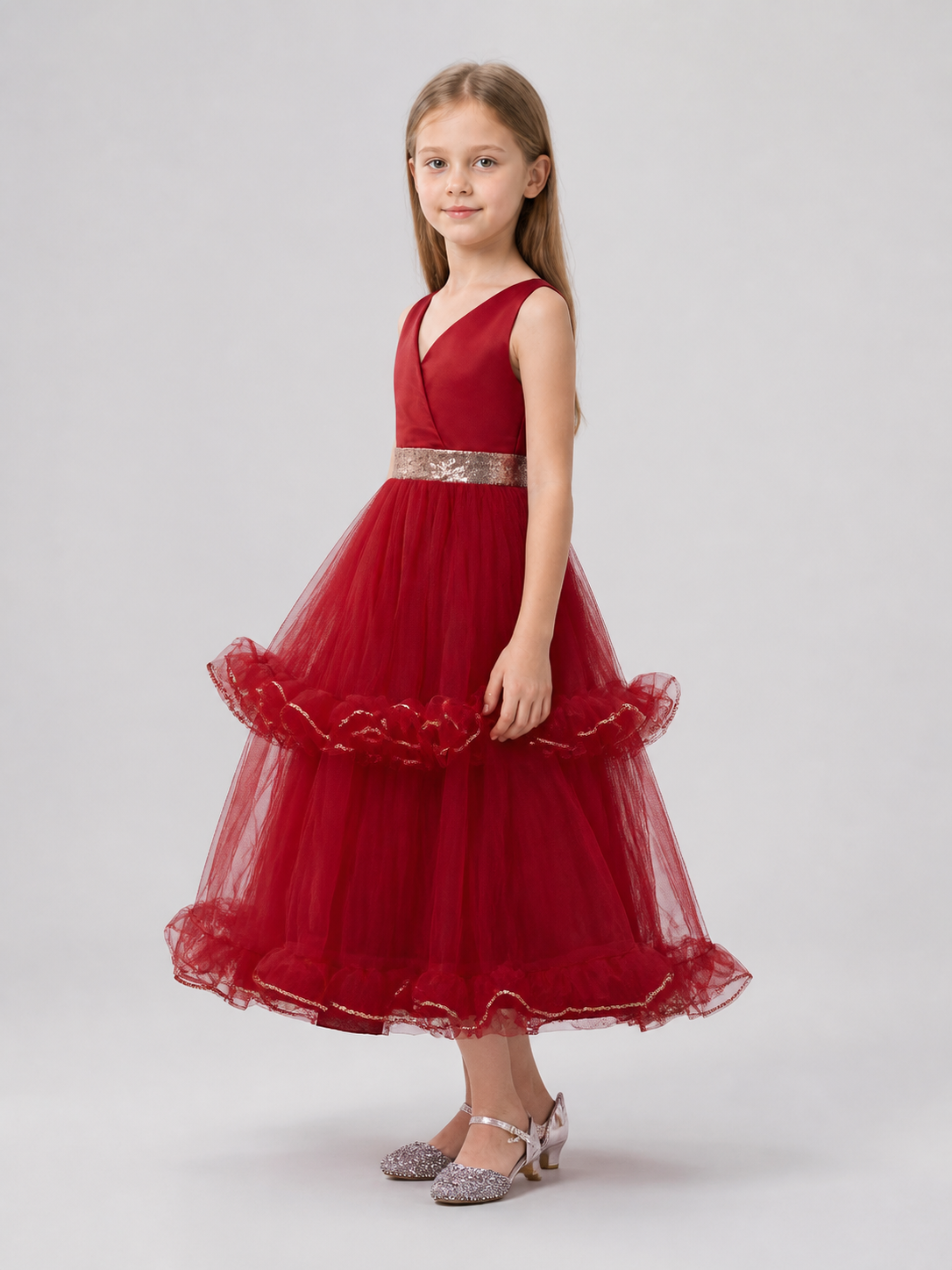 Burgundy Long Princess Dress with V-Neck for Performances