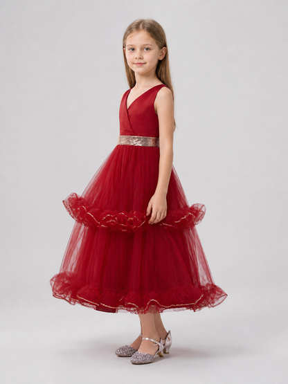 Burgundy Long Princess Dress with V-Neck for Performances