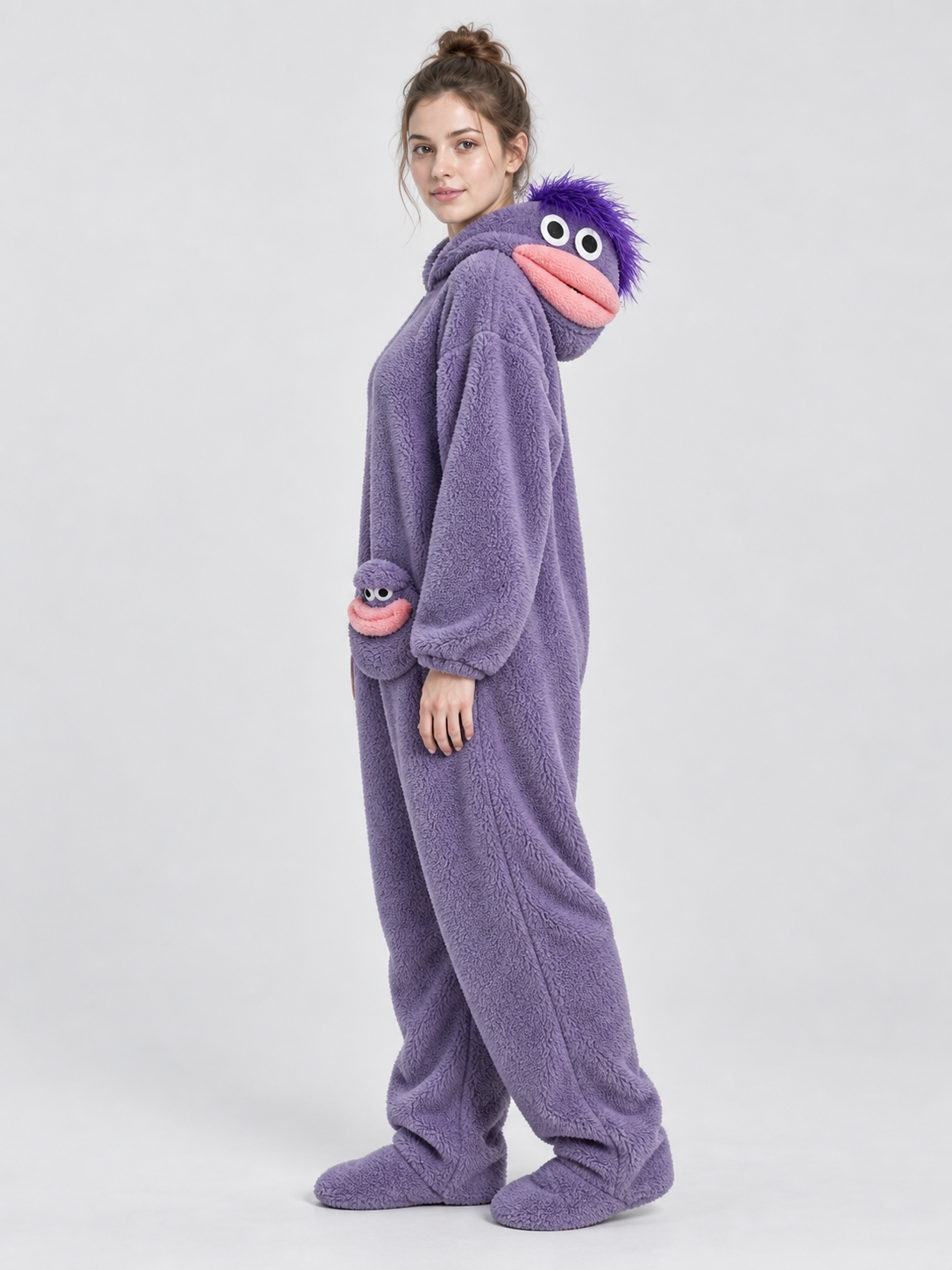 Insulated Fleece Pajama Jumpsuit with Cartoon Decor