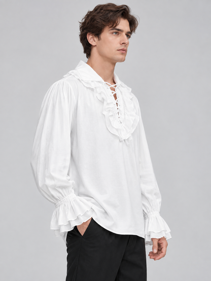White shirt with ruffles, long sleeves, and lacing