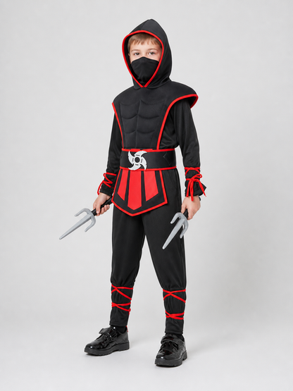 Ninja Cosplay Costume, Red and Black, with Hood side view