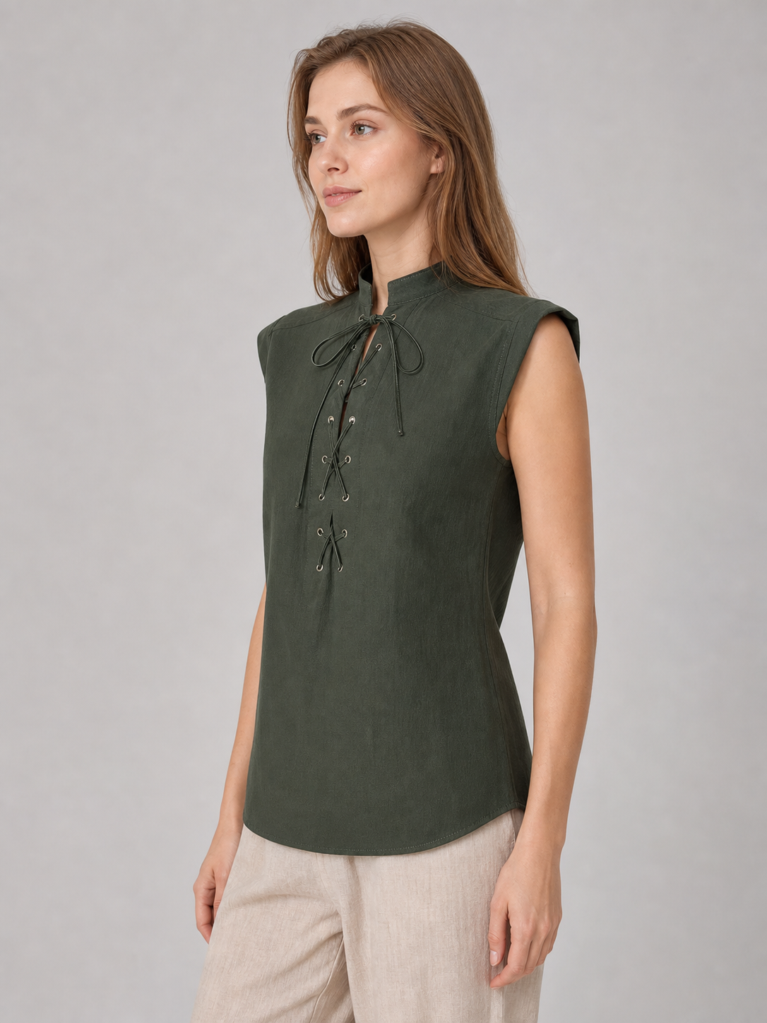 Lace-Up Vest with Stand Collar, Dark Green