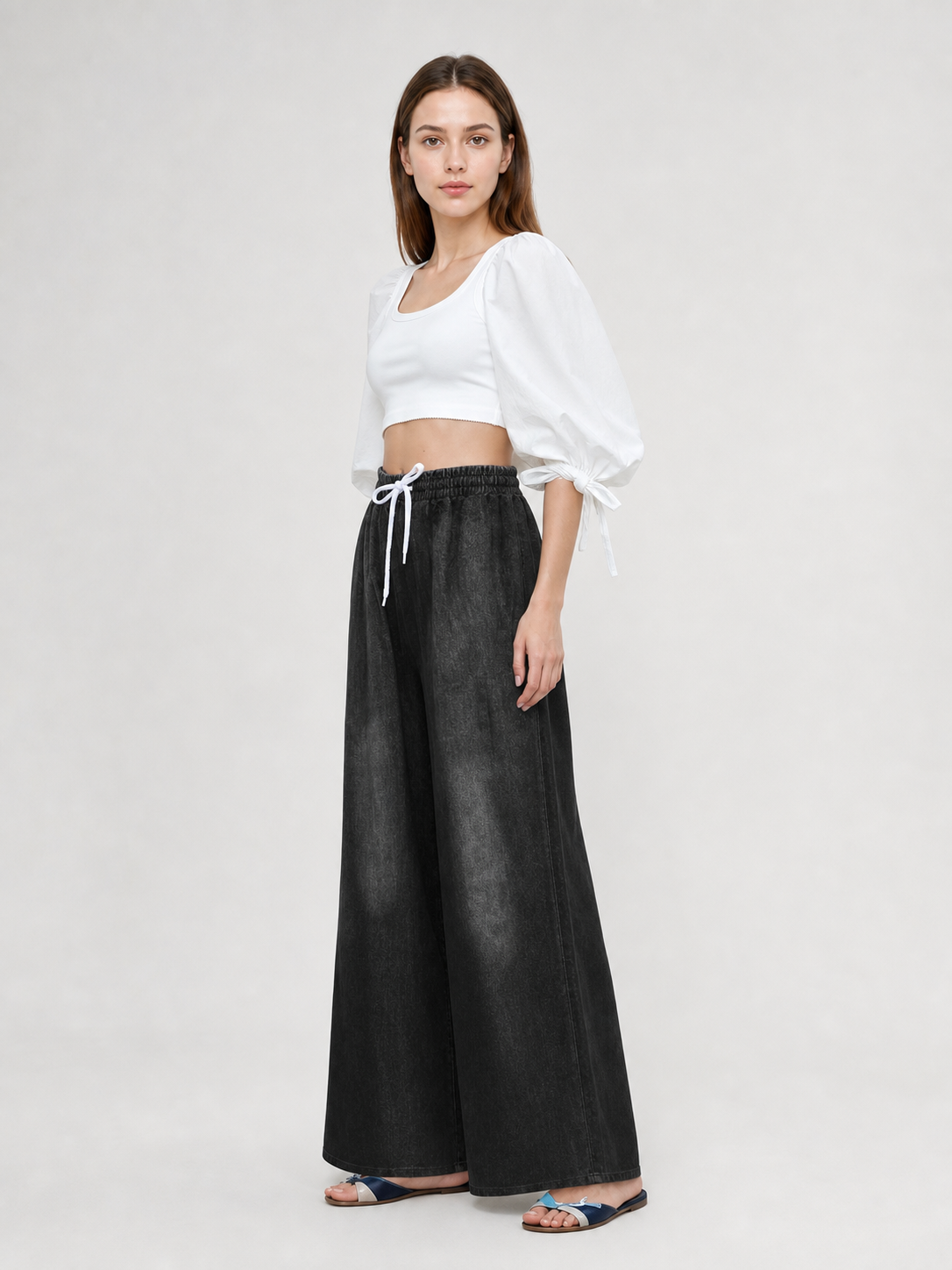 Solid Black Wide-Leg Pants with Elastic Waist and Contrast White Drawstrings side view