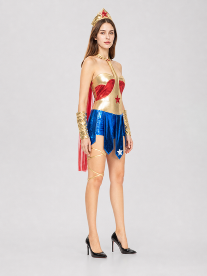 Cosplay Character Costume, Red, Blue, and Gold side view