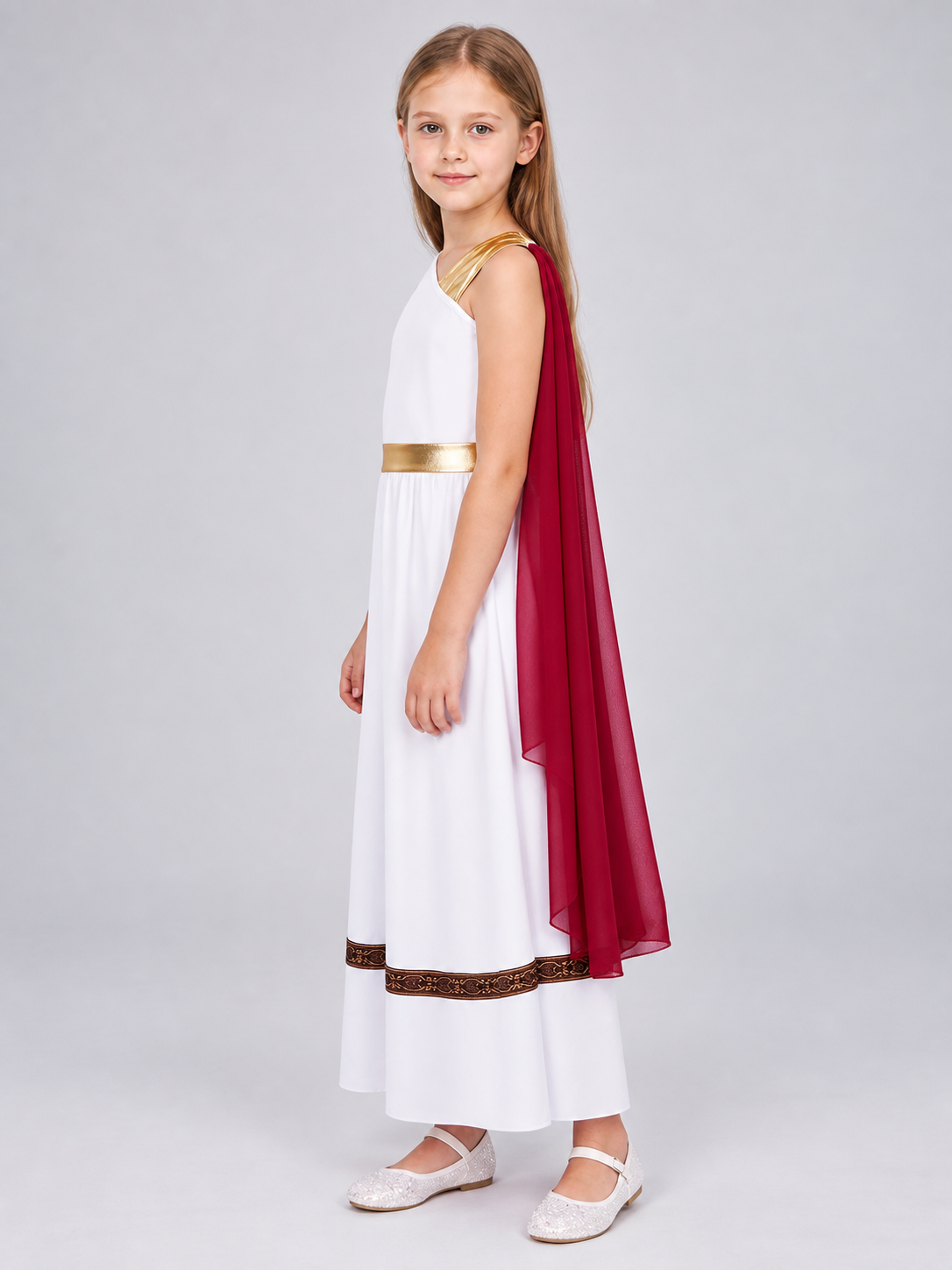 Carnival Dress with Burgundy Cape and Gold Belt