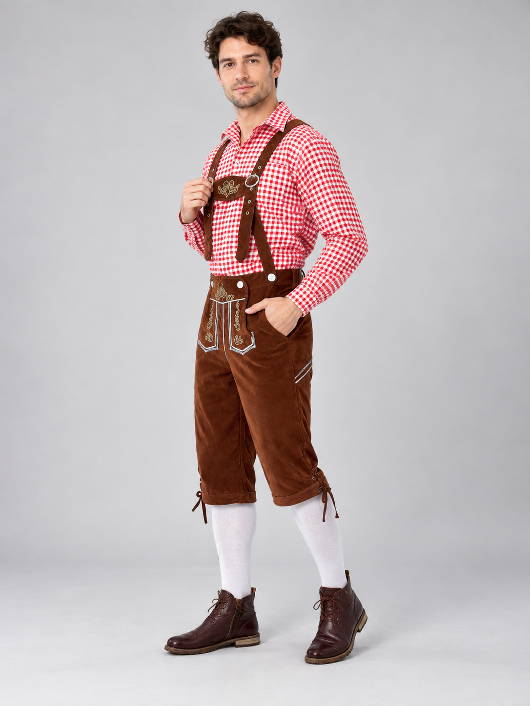 Oktoberfest costume plaid shirt, pants with suspenders