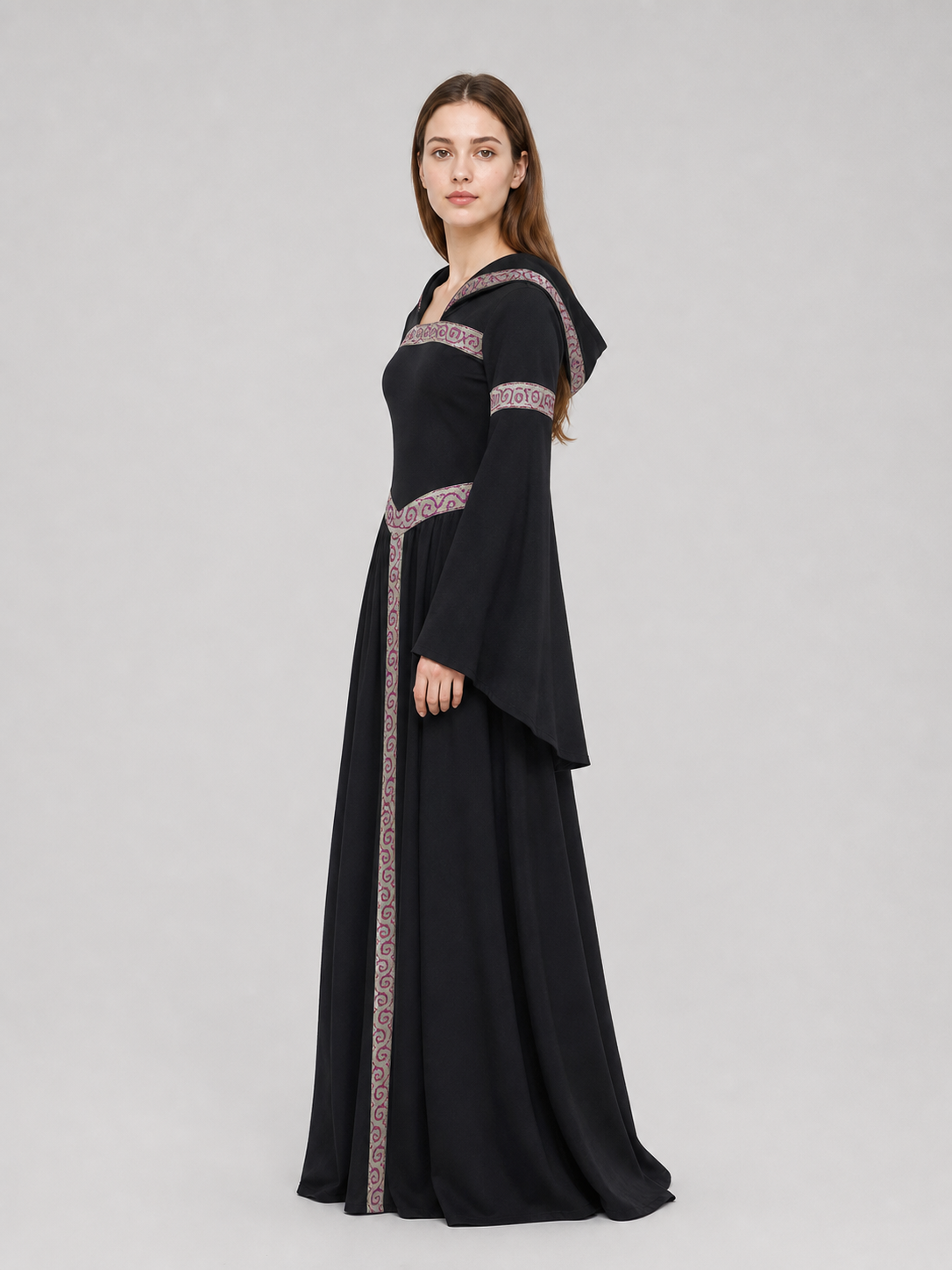 Black Gothic Carnival Dress with Hood and Sleeves side view