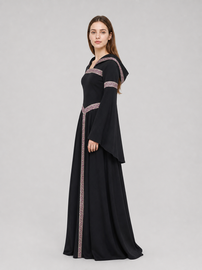 Black Gothic Carnival Dress with Hood and Sleeves side view
