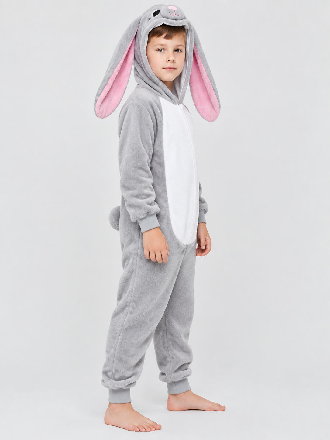 Gray and white hooded pajama jumpsuit with rabbit ears