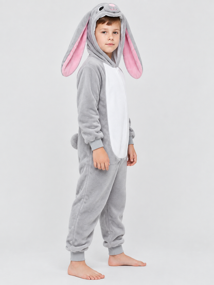 Gray and white hooded pajama jumpsuit with rabbit ears