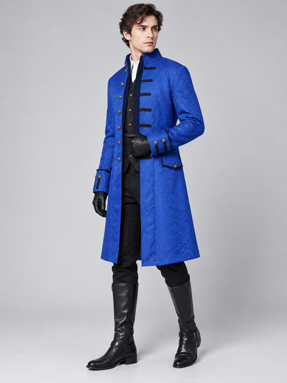 Long blue frock coat with black inset and buttons