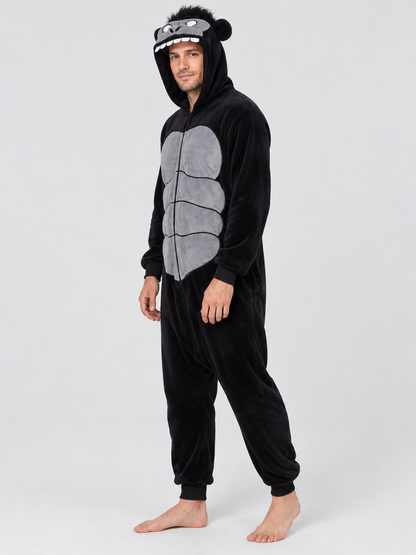 Black and gray hooded kigurumi jumpsuit with a face design