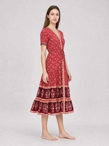 Midi Dress with Floral Print and Tiered Skirt