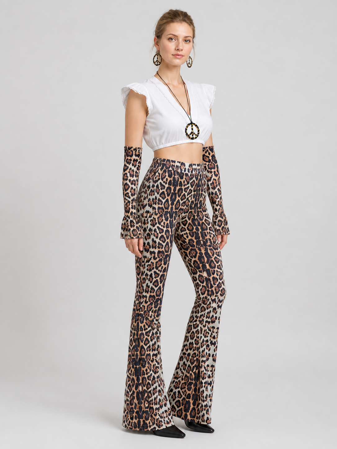 Leopard Print Set: Top, Flare-Leg Pants, and Accessories side view