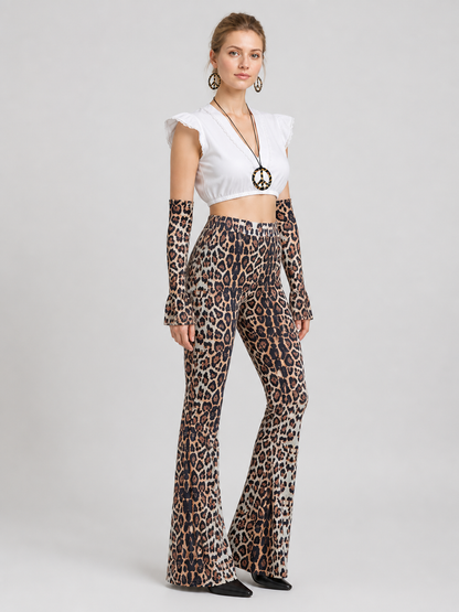Leopard Print Set: Top, Flare-Leg Pants, and Accessories side view