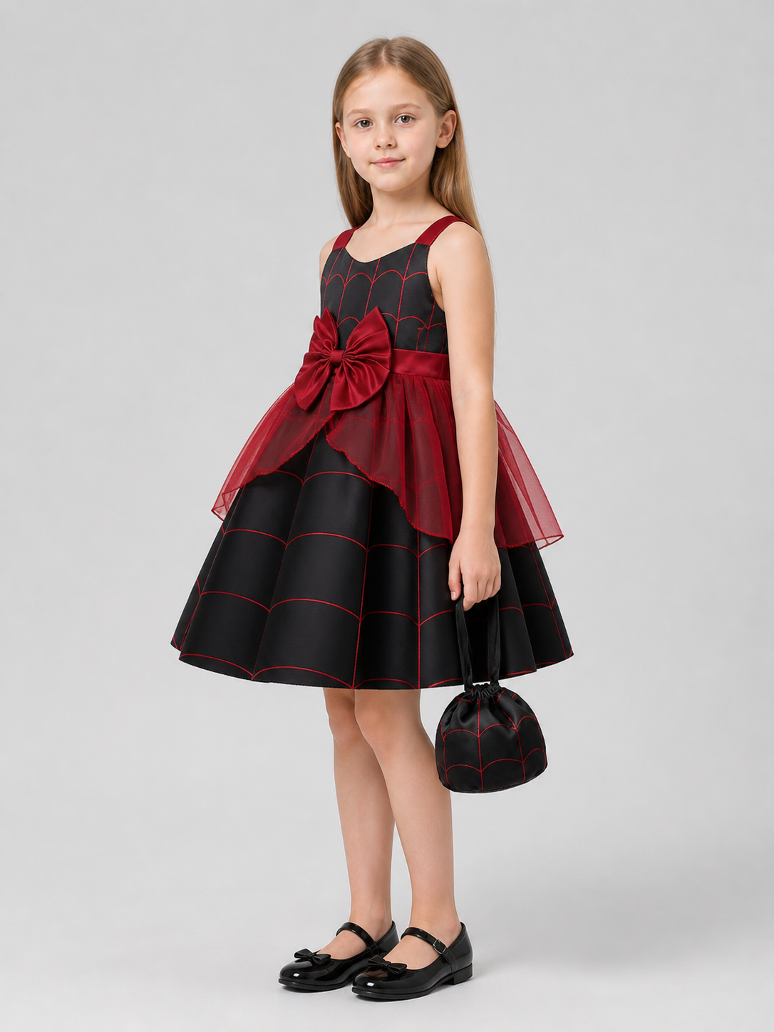 Halloween Dress with Spiderweb Pattern, Bow, and Purse side view