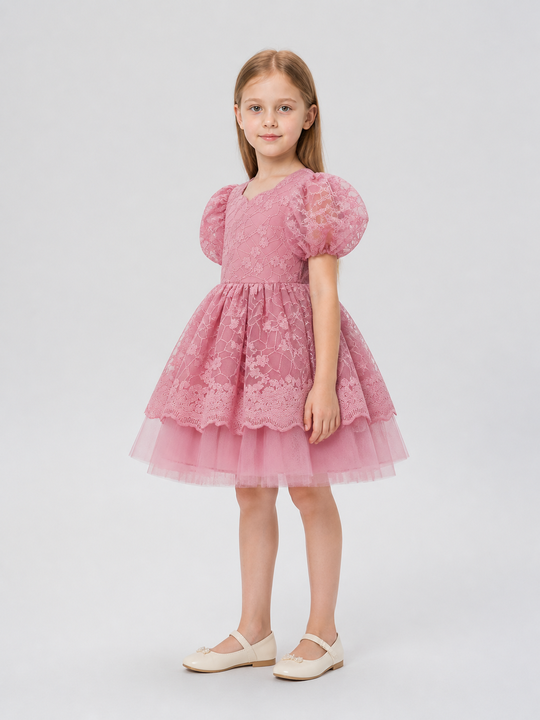 Girls' Princess Dress with Full Skirt and Lace side view
