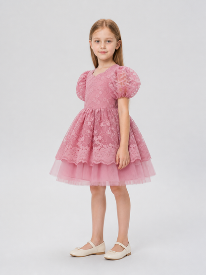 Girls' Princess Dress with Full Skirt and Lace side view