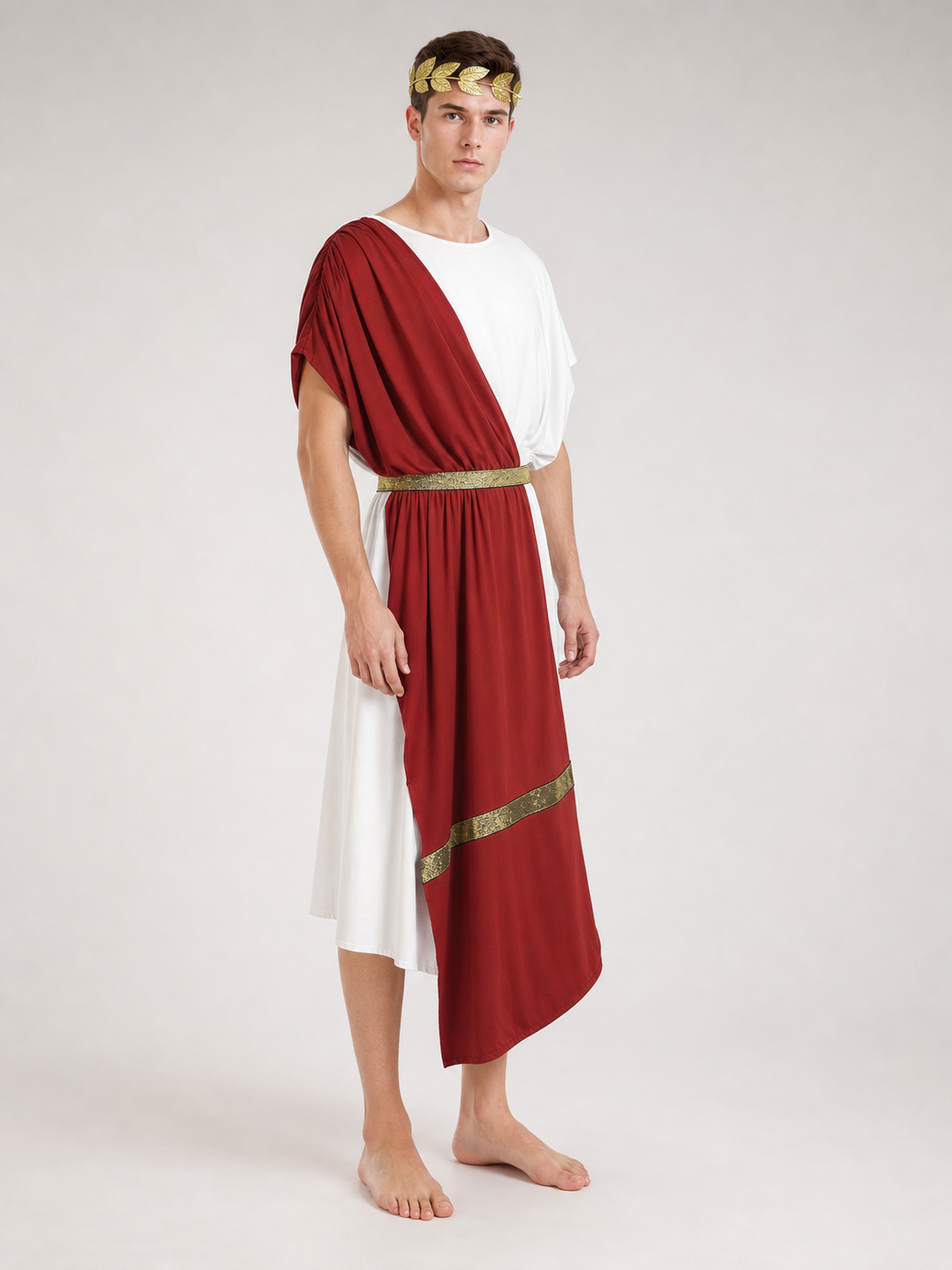 Men's Ancient Greek Costume, Red And White Draped Tunic With Gold Belt And Laurel Headpiece For Cosplay, Stage Events