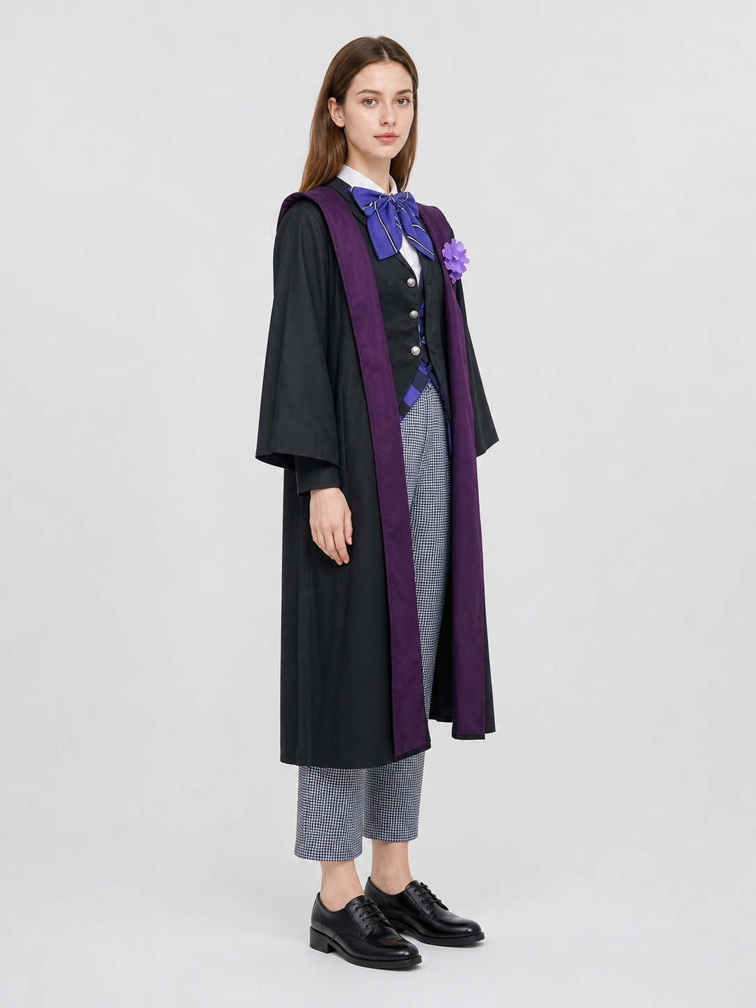 The set is styled after the character Gregory Violet and includes a jacket, vest, shirt, pants, bow tie, and lapel brooch. The look is built around layering: a black vest and black jacket are worn over a white shirt, complemented by an uppe