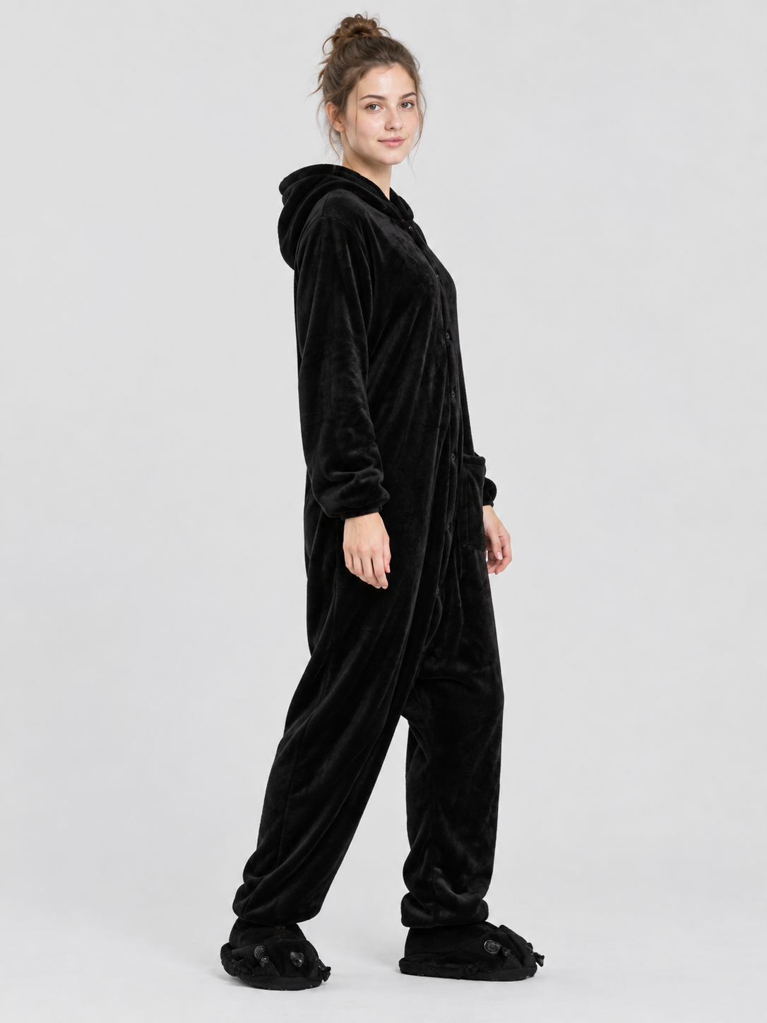 Black Flannel Hooded Pajama Jumpsuit