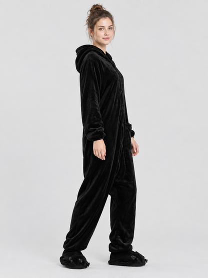 Black Flannel Hooded Pajama Jumpsuit