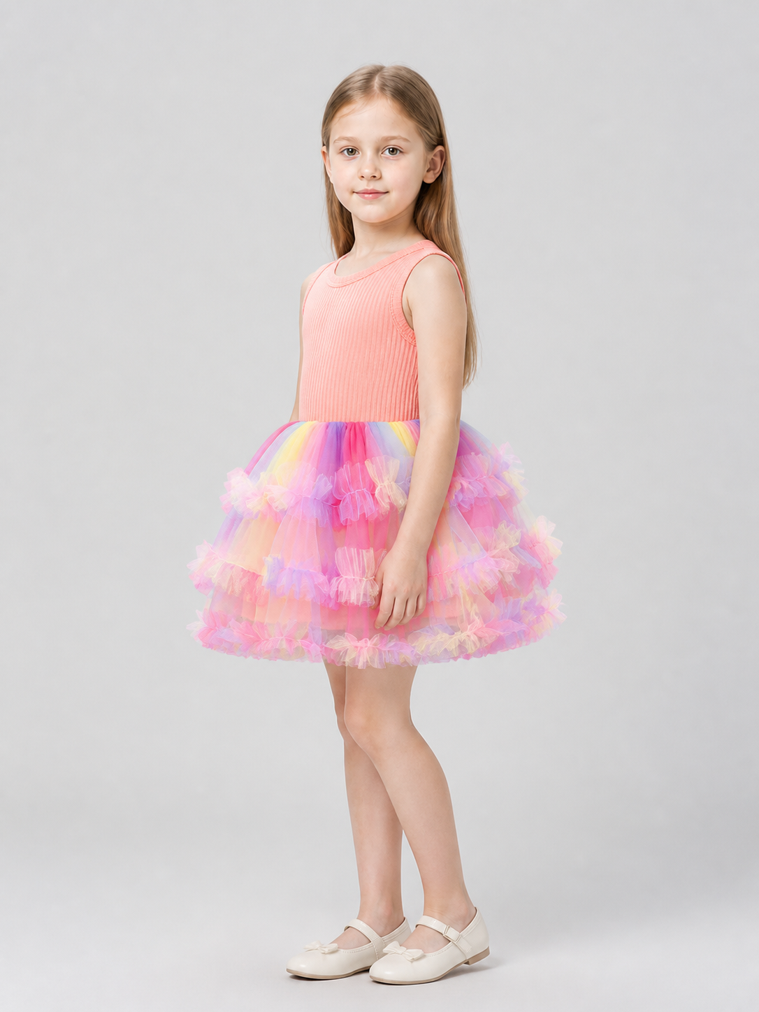 Dressy Full-Skirt Dress with a Multicolored Tulle Skirt side view