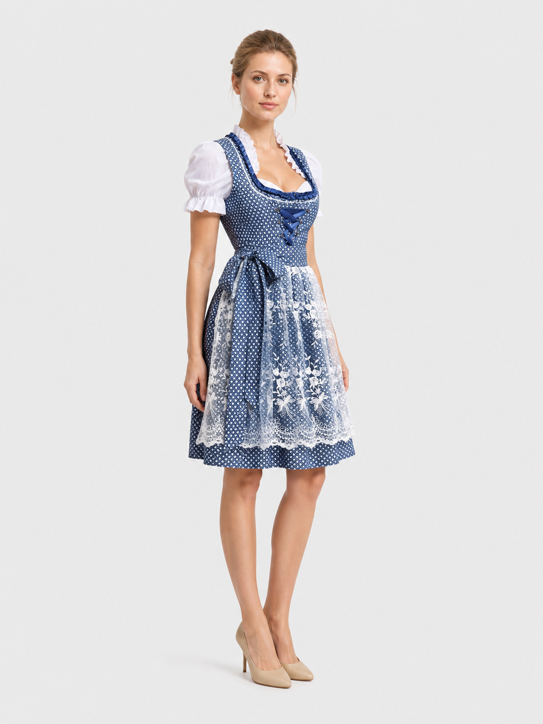 Traditional Bavarian Blue and White Dress with Lace side view
